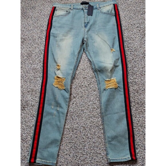Serenede Men’s 40x32 Light Wash Distressed Slim Straight Leg Jeans Red Stripe - Picture 1 of 10